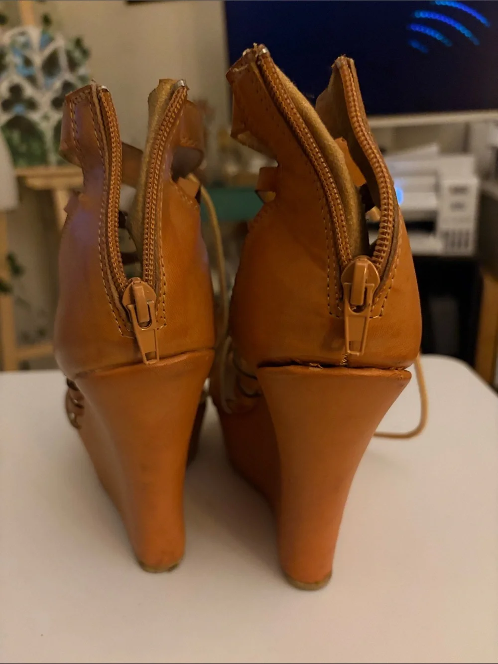 Qupid Cognac Lace-Up Strappy Platform Heels